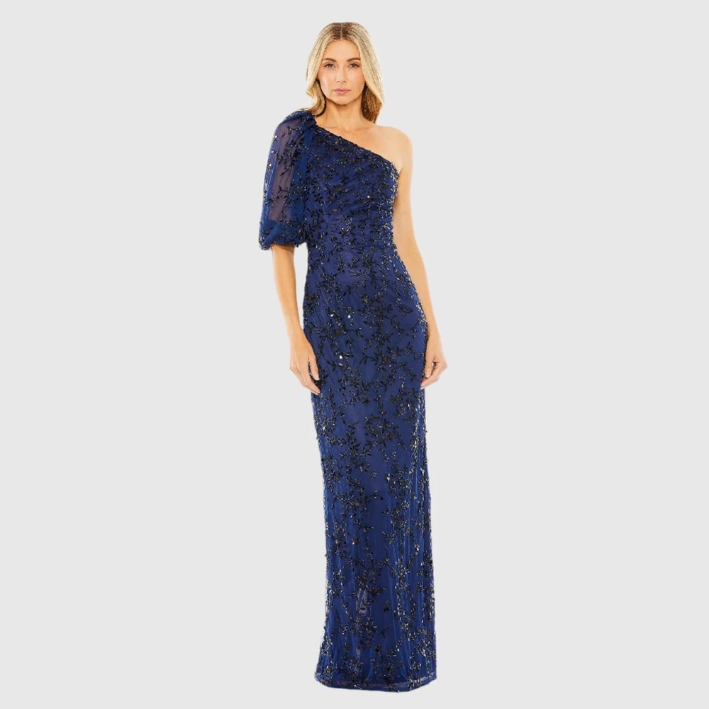 NWT $598 MAC DUGGAL One Shoulder Puff Sleeve Embellished Column Gown DRESS 5912